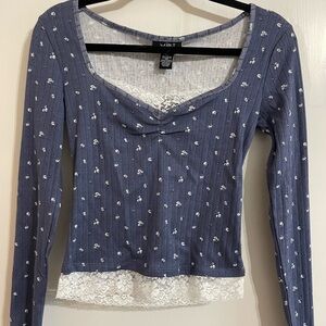 Just Polly New York M Cropped Navy With WhiteFlowers 100% Cotton Long Sleeve Top